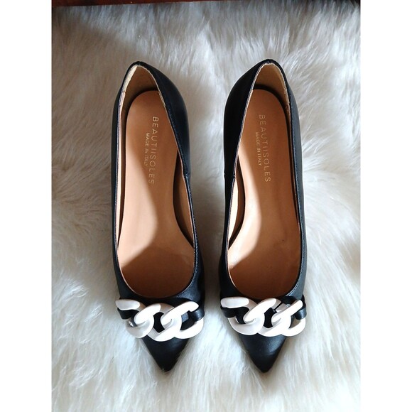 Beautiisoles Leather Chain Pointed Flats Women's 6.5 Made in Italy Navy/White - Picture 10 of 10